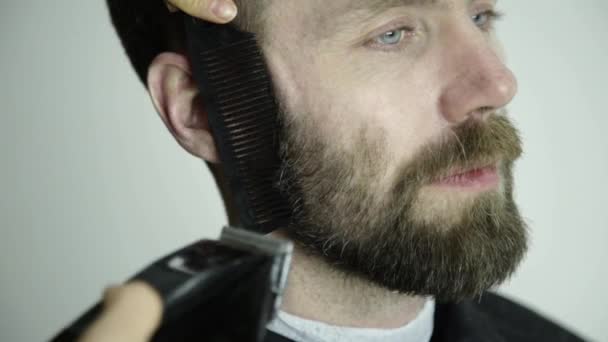 Femme coiffeur faisant barbe à cheveux hommes adultes dans un salon de coiffure. coiffeur sur le lieu de travail — Video