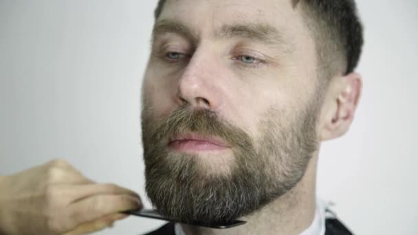 Nő fodrász fodrász szakáll felnőtt férfi fodrászat csinál. Borbély a munkahelyen — Stock videók