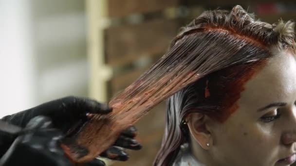 Cabeleireiro fazendo coloração de cabelo para a mulher jovem. beleza, penteado e conceito de pessoas — Vídeo de Stock