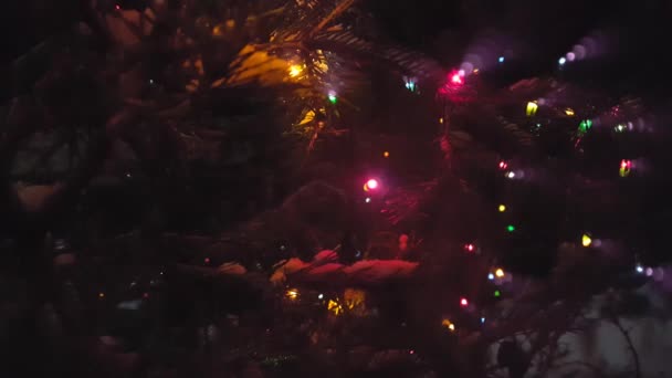 Різдвяна ялинка блищить барвистими вогнями. Очікування Різдва в темряві — стокове відео