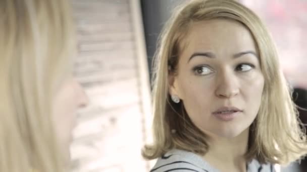 Blondýnka dělá každodenní líčení před zrcadlem, dá prášek na tvářích štětcem — Stock video