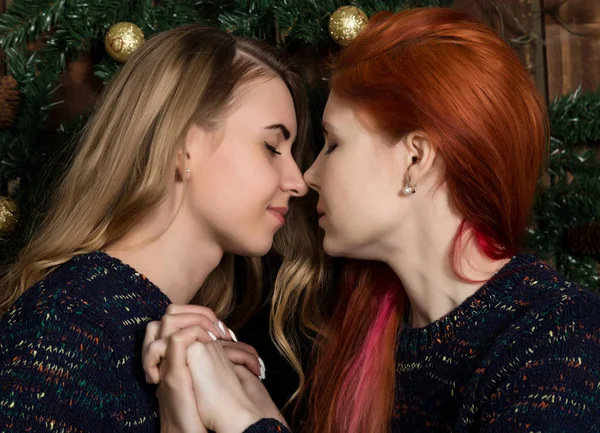 मैत्रिणी एकत्र वेळ घालवतात. दोन सुंदर समलिंगी स्त्रिया मैत्रिणी चुंबन आणि एक आरामदायक वातावरणात हॅगिंग — स्टॉक फोटो, इमेज