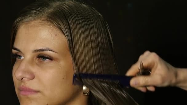 Парикмахер отделяет пряди волос расческой для клиентки в салоне красоты — стоковое видео