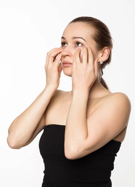 Prevention of skin aging, woman performs exercises for a face building. beauty and health concept — Stock Photo, Image