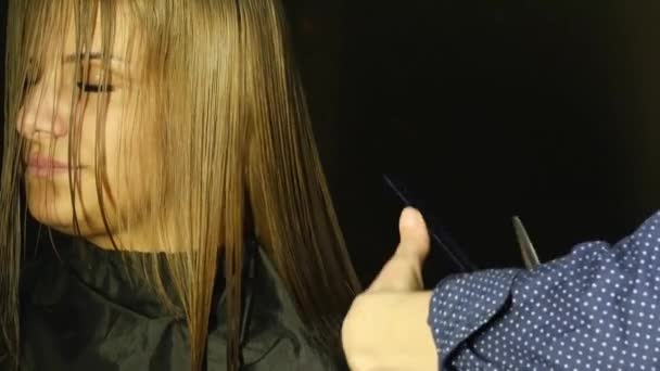 Профессиональный парикмахер в парикмахерской отделяет волосяные пряди от челки женщины-клиента. замедленное движение — стоковое видео