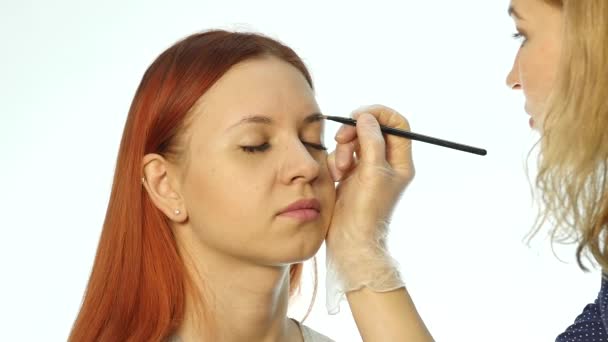 Maquillaje profesional artista dibujando cejas de hermoso cliente. Concepto de belleza y moda — Vídeos de Stock