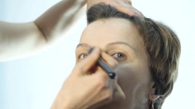 Günlük makyaj, profesyonel makyöz Close-Up womans yanaklarda fırça ile toz koyar