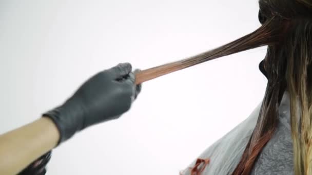헤어 뷰티 살롱에서 아름 다운 여자를 위한 복숭아 컬러로 색칠 — 비디오