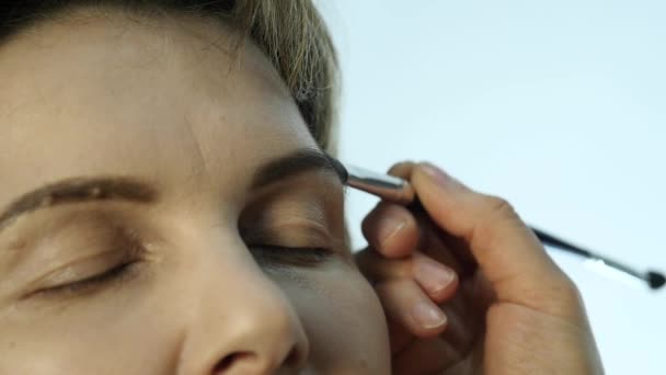Γκρο πλαν του επαγγελματία make-up artist εφαρμογή eyeliner στο βλέφαρο. Στυλίστας κάνει κάνει για τις γυναίκες με eyeliner — Αρχείο Βίντεο