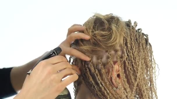 Традиционные африканские прически для белых женщин. профессиональный парикмахер плетет косички — стоковое видео