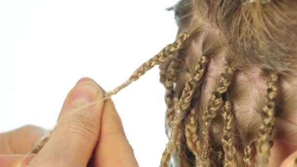 Peinados africanos tradicionales en mujeres blancas. peluquero profesional teje trenzas — Vídeo de stock