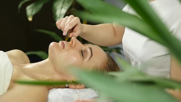Massagista faz acupressão em um rosto feminino. Medicina alternativa chinesa. câmara lenta — Vídeo de Stock