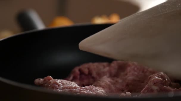 Cottura di salumi con cotolette, impastando carne macinata. rallentatore — Video Stock