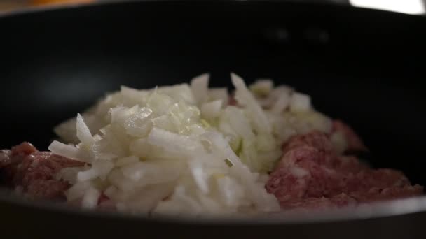 Feinkost mit Schnitzeln kochen, Hackfleisch kneten. Zeitlupe — Stockvideo