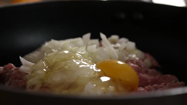 Cozinhando delicatessen com carne picada e ovo, costeletas de carne com temperos. câmara lenta — Vídeo de Stock