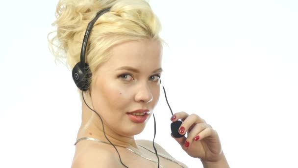 Sexy Smiling Woman Working Call Center Headset Telemarketing Woman Talking — Stock Video