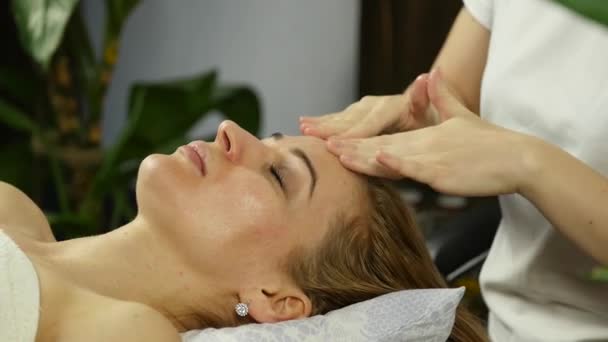 Esteticista hace masaje facial para hermosa mujer en salón de spa. cámara lenta — Vídeos de Stock