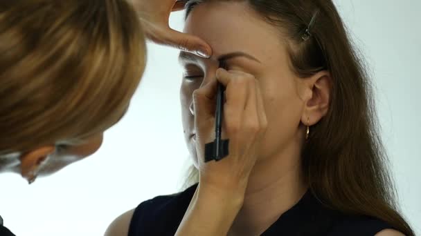Eye makeup kvinna ansöker eyeshadow pulver. Stylist gör göra för kvinna genom eyeliner — Stockvideo