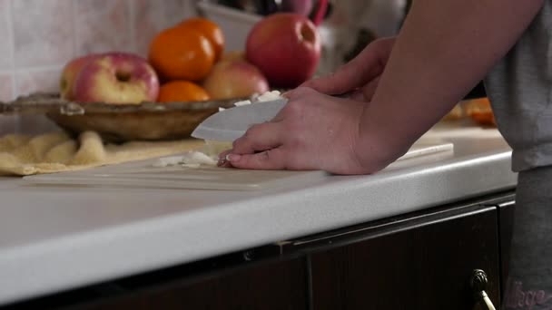 Donna taglia cipolle su una tavola di legno. rallentatore — Video Stock