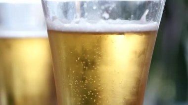 Bir bardak su ile soğuk ışık bira bırakır. bira kabarcıklar, ağır çekim