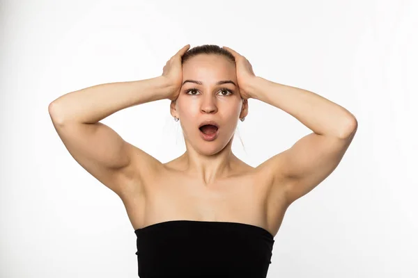 Gymnastiek voor een gezicht, vrouw, Anti-veroudert oefeningen doen. schoonheid en gezondheid concept — Stockfoto