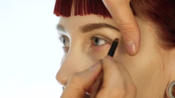 Γκρο πλαν του επαγγελματία make-up artist κάνει καθημερινό μακιγιάζ, σκόνη βάζει στα μάγουλα γυναικείο με βούρτσα — Αρχείο Βίντεο