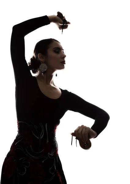 Silhueta de espanhol menina flamenco dançarina em um fundo leve — Fotografia de Stock