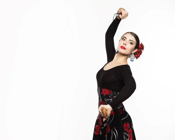 Fille espagnole danseuse de flamenco sur un fond clair. espace libre pour votre texte — Photo