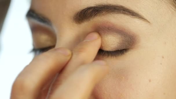 Artista de maquiagem aplica um corretor sob seus olhos, maquiagem para mulher bonita no salão de beleza — Vídeo de Stock