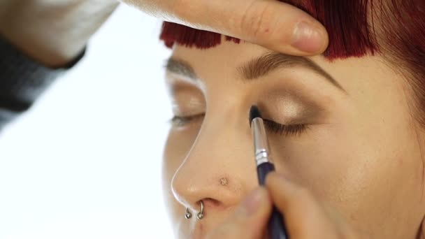 Primer plano del maquillador profesional que hace el maquillaje diario, pone polvo en las mejillas de las mujeres con cepillo — Vídeo de stock