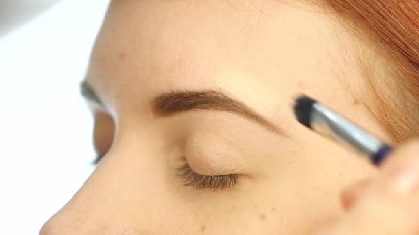 Ręką artysty makijaż makro, zastosowanie eyeshadow womans okiem za pomocą pędzla. zwolnionym tempie — Wideo stockowe
