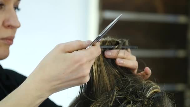 Parrucchiere femminile sagomatura mens taglio dei capelli utilizza forbici. rallentatore — Video Stock