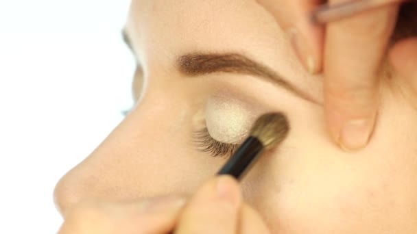 Artista de maquillaje profesional aplicando maquillaje de ojos, sombras y delineador de ojos. cámara lenta — Vídeos de Stock