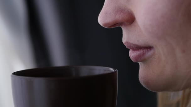 Una joven bebe café o té cerca de la ventana. cámara lenta — Vídeos de Stock