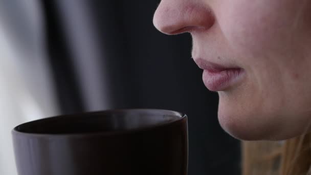 Beautiful woman drinks coffee or tea looking out the window. slow motion — Stock Video