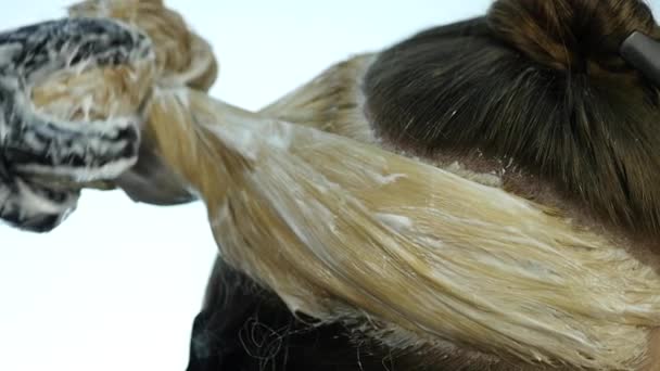 Cabeleireiro faz penteado, tingir para um adolescente em um salão de beleza. Cabelo coberto de tinta. câmara lenta — Vídeo de Stock