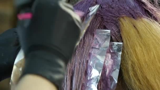 Frisören gör frisyr, färga för en tonåring i en skönhetssalong. Håret täckt i dye. 4k — Stockvideo