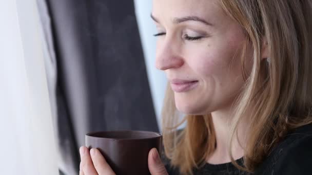 Fundersam ung kvinna dricker kaffe eller te nära fönstret. slowmotion — Stockvideo