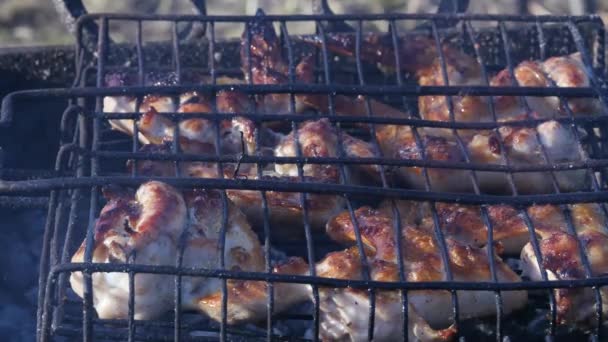 Barbecue with juicy meat on the grill outdoor. hot coals and fumes. 4K — Stock Video