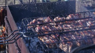 Barbekü Izgara açık sulu et. sıcak kömürleri ve duman. 4k
