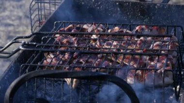 Açık hava barbekü, sulu et ızgara. sıcak kömürleri ve duman. 4k