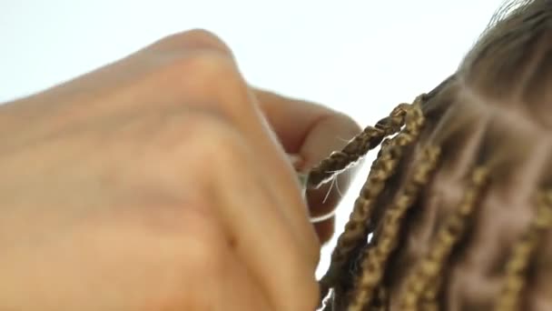 Traditionelle afrikanische Frisuren für weiße Frauen. Profi-Friseur flechtet Zöpfe. 4k — Stockvideo