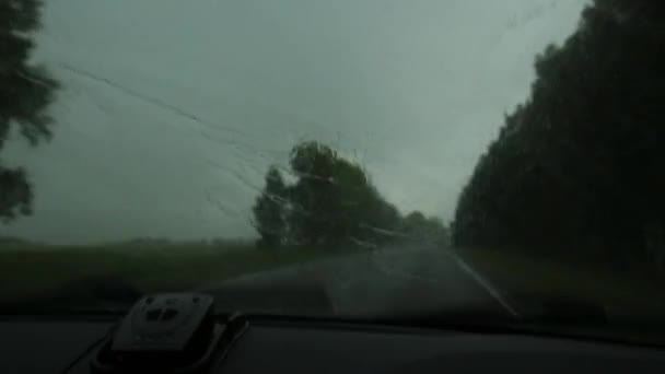 厄介な雨の日に運転し、車の運転中にフロントガラスを介して田舎道の眺め。窓車のフロントガラスに雨が降る — ストック動画