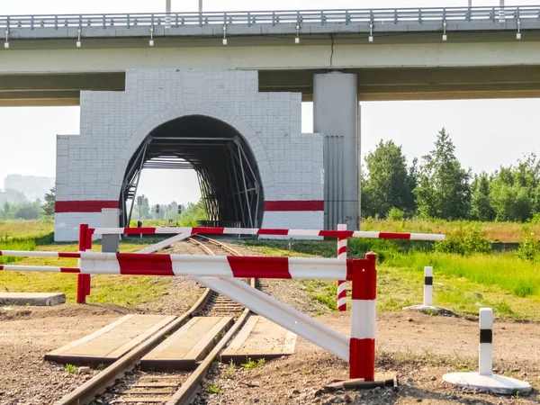 Railway crossing and tunnel under the bridge.