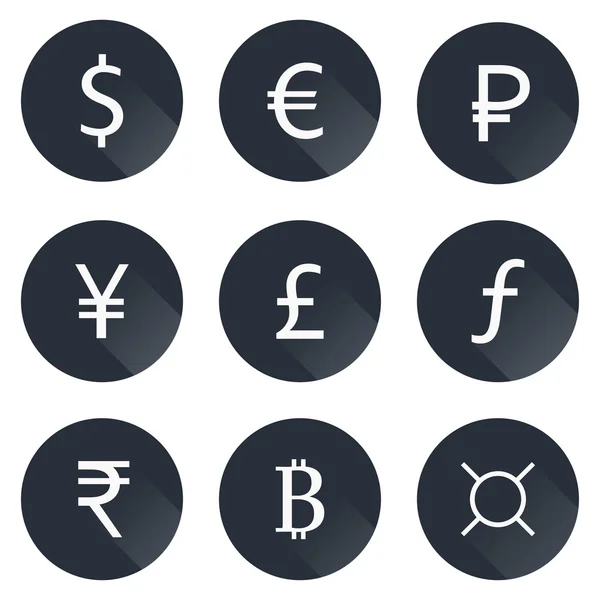 Conjunto de iconos de vector de signo de moneda. Moneda de dinero iconos sombra larga . — Vector de stock