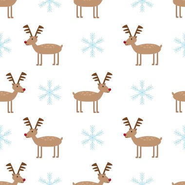 Noel Ren geyiği ve sowflake Dikişsiz desen beyaz arka plan üzerinde. Bayram kış desen vektör çizim.