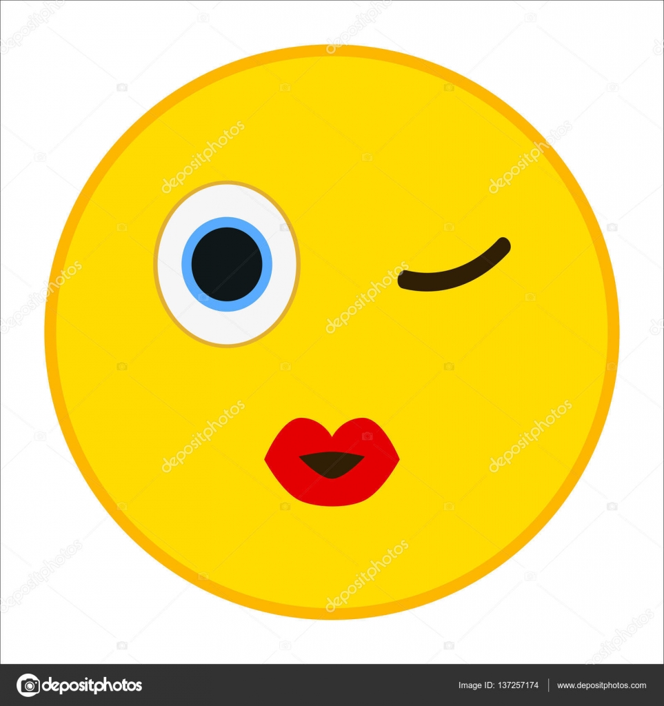 Red lip kiss emoji Kiss emoticon with wink eye in trendy flat style