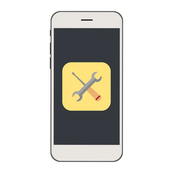 Teléfono móvil con icono de herramientas en la pantalla . — Vector de stock