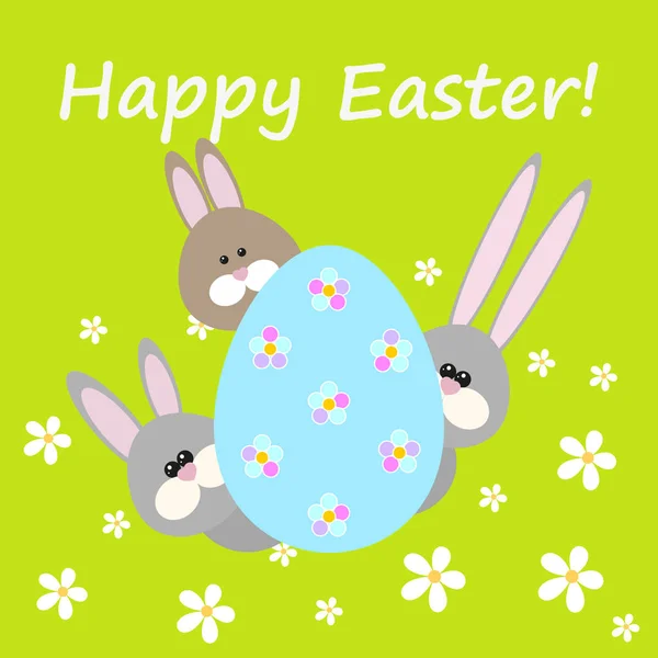 Tarjeta de felicitación feliz Pascua con huevo y conejos vector ilustración . Gráficos Vectoriales