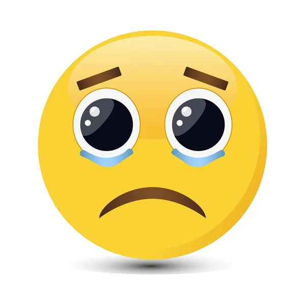 Emoticono llorón con grandes ojos y lágrimas en estilo plano de moda. Ilustración triste vector emoji . — Vector de stock